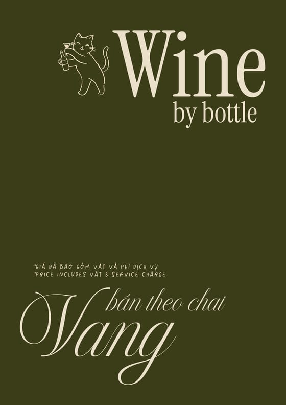 Cover — wine by the bottle, vang bán theo chai. Prices include VAT and service charge.